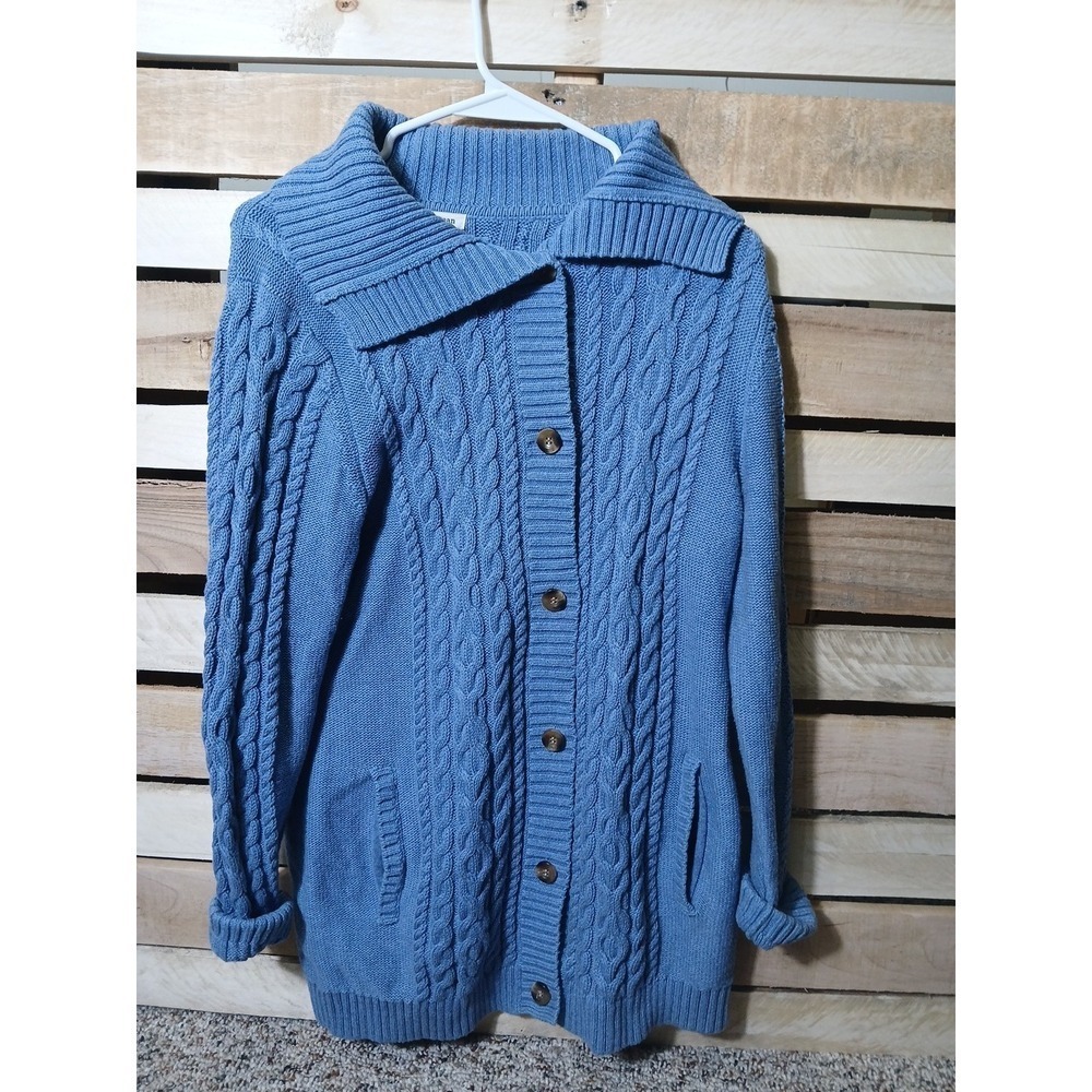 LL Bean Women's Blue Cotton Cable Knit Cardigan Sweater Size Medium Button Front